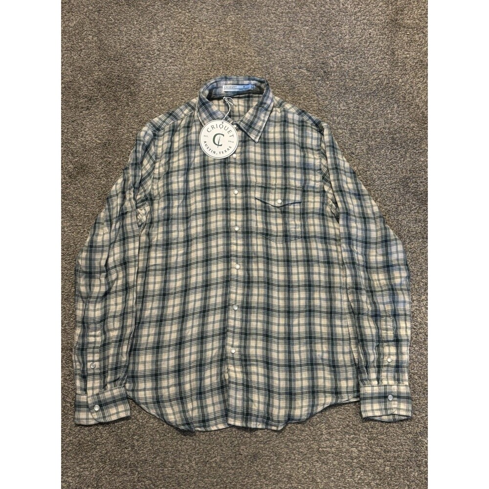 Criquet Flannel Mens Medium Pearl Snap Button Up Plaid Green Cream NEW